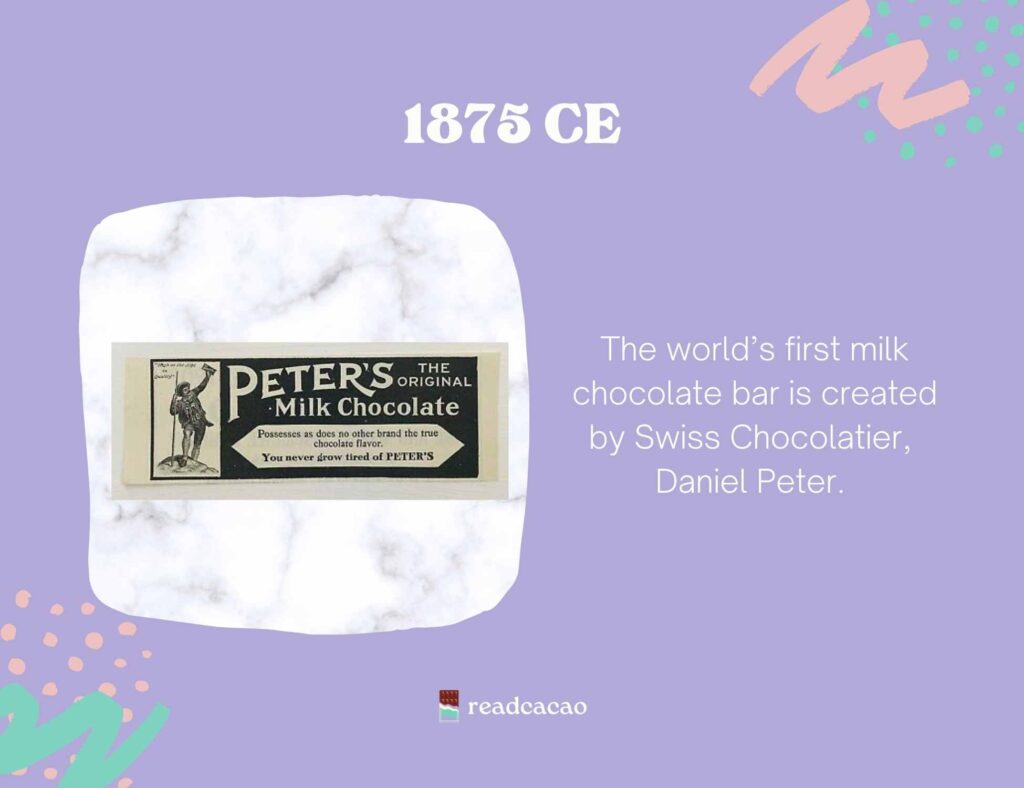 The world’s first milk chocolate bar is created by Swiss Chocolatier,
Daniel Peter. 