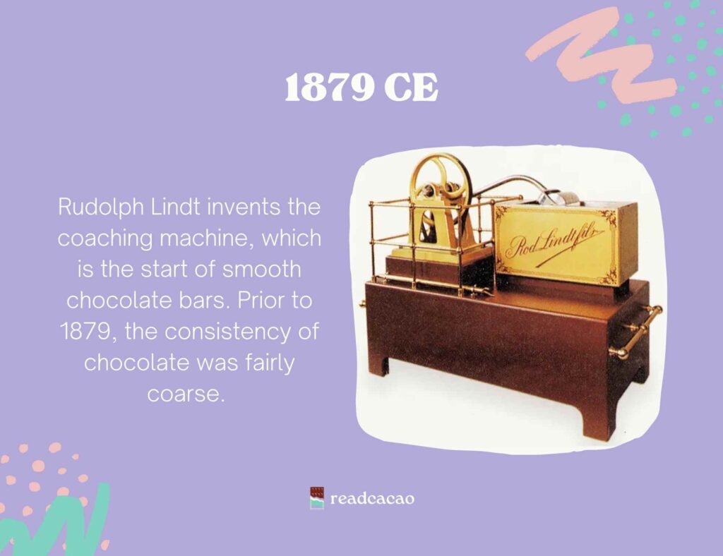 Rudolph Lindt invents the coaching machine, which is the start of smooth chocolate bars. Prior to 1879, the consistency of chocolate was fairly coarse. 