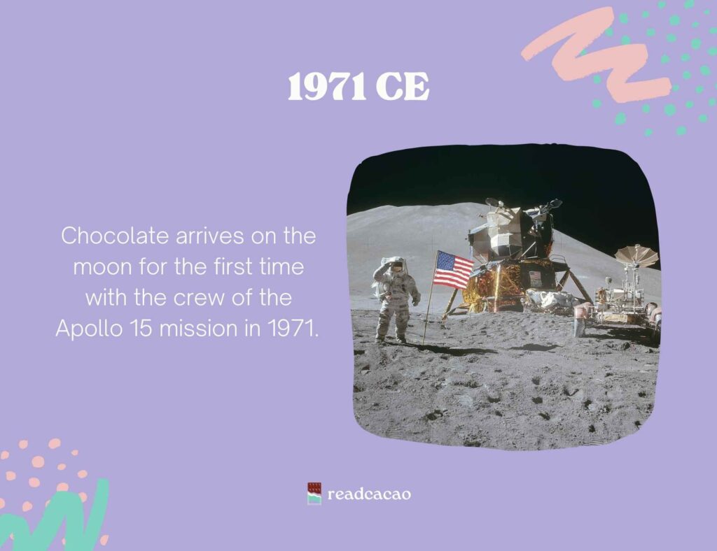 Chocolate arrives on the moon for the first time with the crew of the Apollo 15 mission in 1971. 